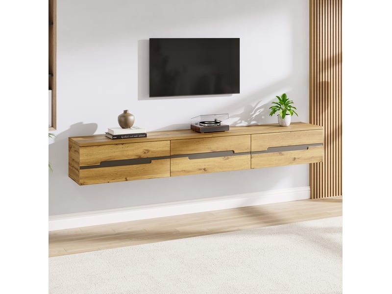  Meuble tv mural 160x30x25,5 cm avec 3 tiroirs, finition bois naturel  - Conforama C