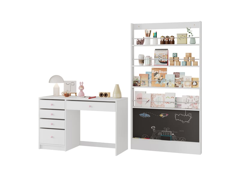  Bureau droit avec 5 tiroirs et bibliothèque à 4 étagères avec tableau pour chambre d'enfant en mdf blanc  - Conforama A