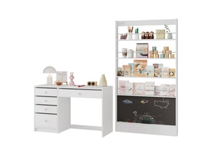 Bureau droit avec 5 tiroirs et bibliothèque à 4 étagères avec tableau pour chambre d'enfant en mdf blanc