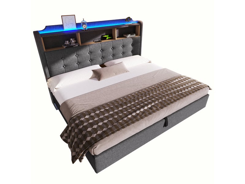 Lit coffre 180x200 cm, lit double, rangement hydraulique, led, lin gris, usb et usb-c - Conforama W