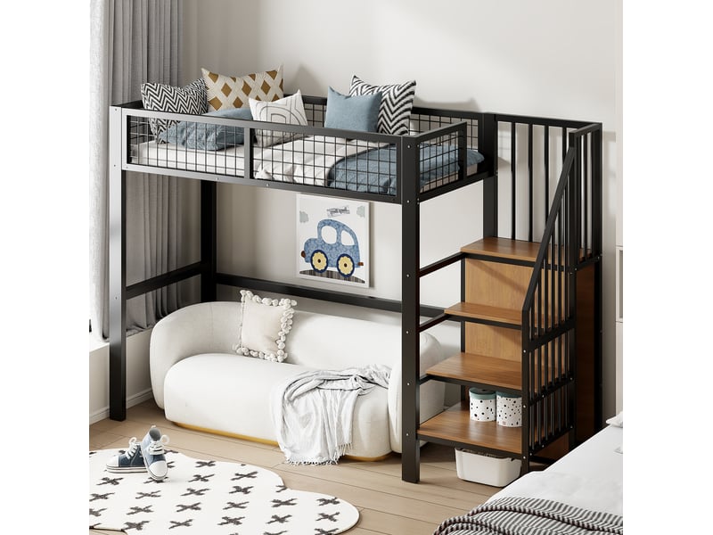  Modenvie lit mezzanine enfant 90x200 cm - avec armoire intégrée et échelle sécurisée, sans matelas - noir  - Conforama B