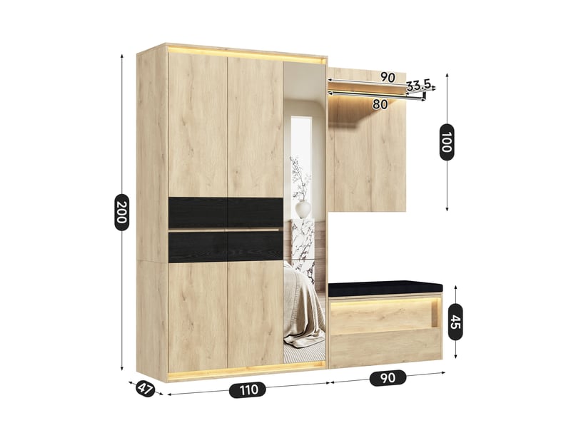 Armoire de penderie 200x47x200 cm, vestiaire d'entrée complet avec miroir et 3 éclairages led, avec banquette et 4 tiroirs, en mdf, chêne - Conforama E