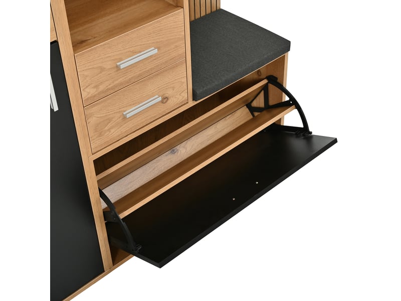  Vestiaire d'entrée avec banc, miroir et led, noir et naturel 120 x 32 x 178 cm GL12456S - Conforama E