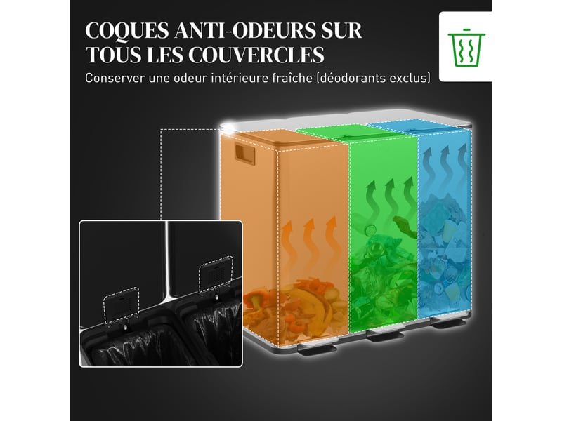 Poubelle de cuisine tri sélectif 3 compartiments en acier argent 61,9x36,6x43,2 cm  - Conforama E