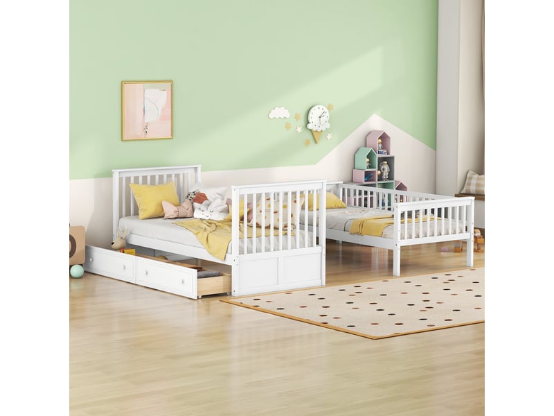  Lit superposé enfant 90x200 cm en bois, lit superposé avec tiroirs de rangement, séparable en deux lits simples, cadre blanc  - Conforama R