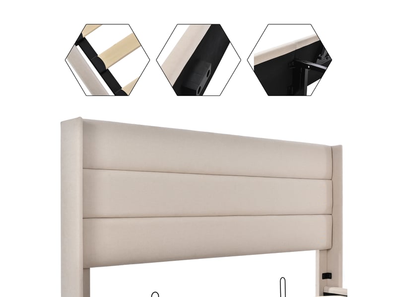 Lit coffre 160x200 cm rembourré, rangement hydraulique, tête de lit capitonnée en lin beige, sommier relevable  - Conforama D