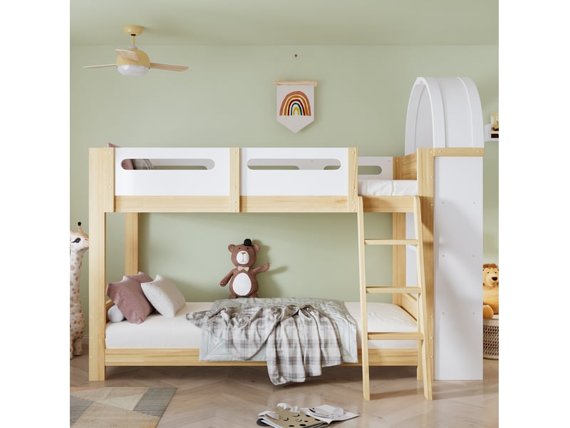  Modenvie lit superposé enfant 90x200 cm - avec étagère 3 niveaux et échelle 3 marches, sans matelas - blanc et naturel  - Conforama B