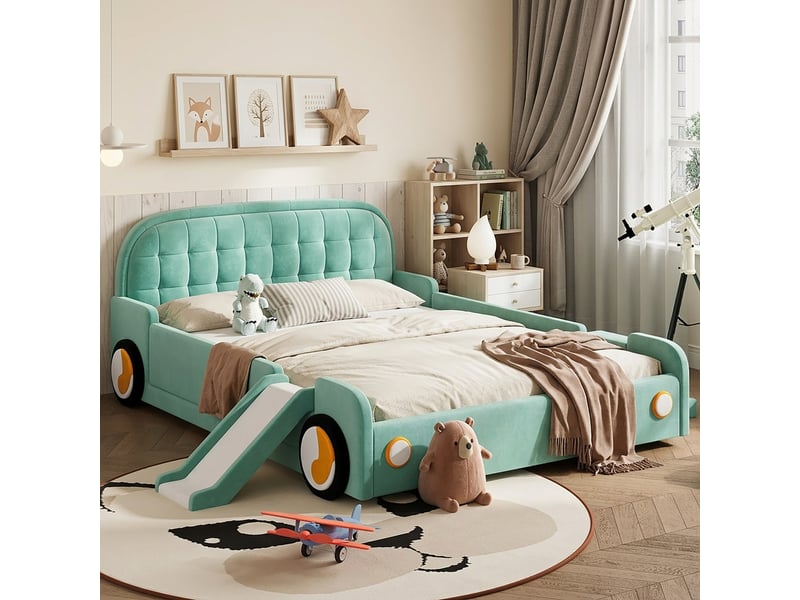  Lit voiture 140x200 cm, lit enfant, escalier, toboggan, barrière antichute, velours bleu-vert  - Conforama R