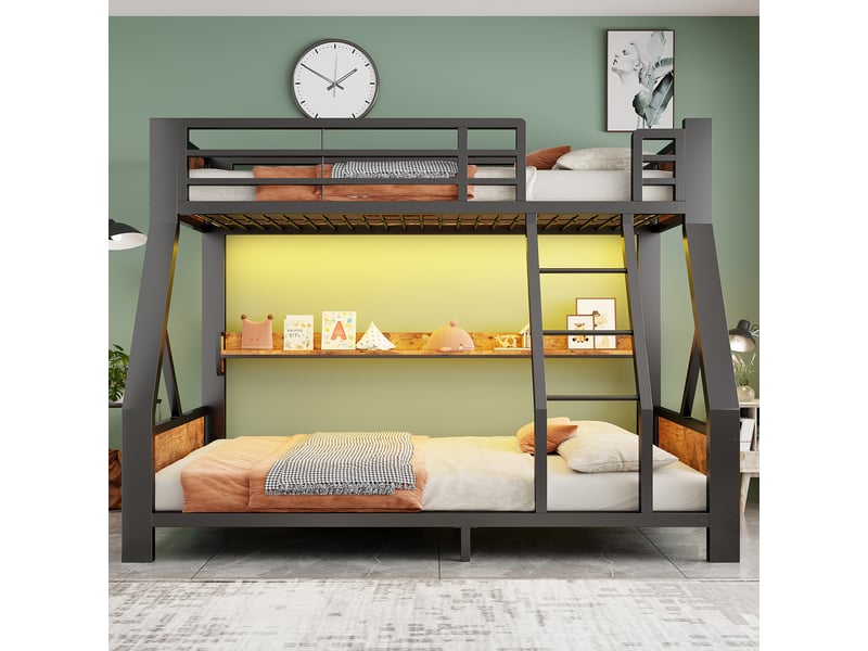  Lit superposé métal 90 x 200 140 x 200 cm, couchage simple et double, rangement et éclairage led, noir evarich - Conforama E