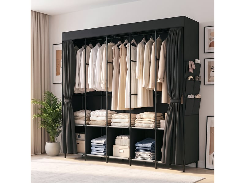  Armoire en tissu avec 5 tringles, 5 étagères, 6 poches latérales, fermeture éclair, structure en acier, 212 x 45 x 167 cm, noire  - Conforama D