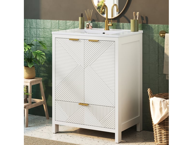  Meuble vasque de salle de bain 61x47x87 cm – blanc – rangement multi-zones avec lavabo céramique et soft-close  - Conforama B