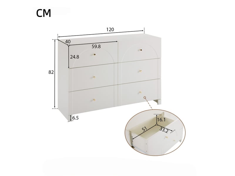  Commode avec 6 tiroirs, avec motif texturé en arches et piètement surélevé, pour séjour et chambre, l120 x h82 x p40 cm, coloris blanc  - Conforama C