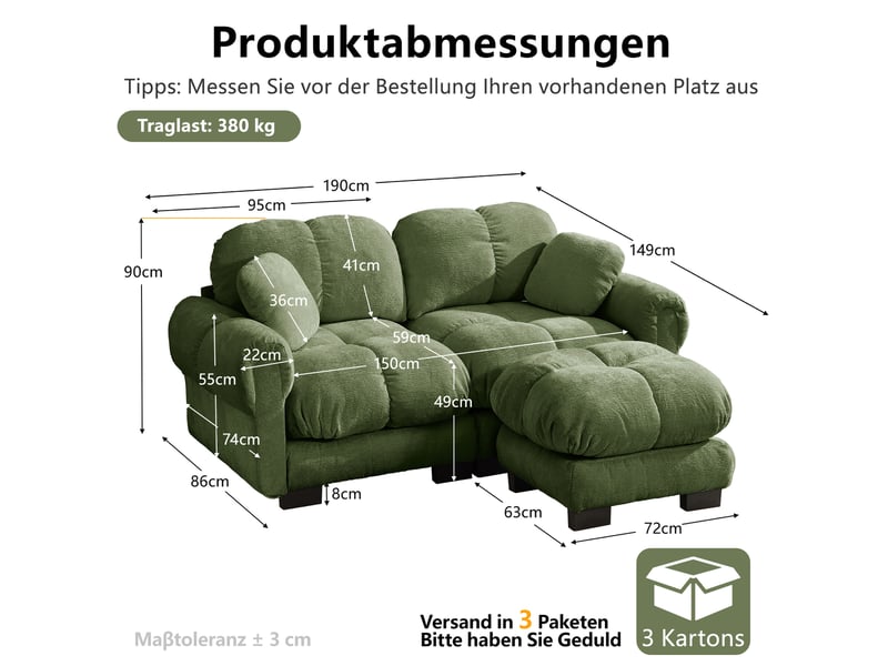 Canapé d'angle modulable 2 places en chenille avec ottomane mobile, design l élégant, style raffiné, coussins épais, confortable et soutenu  - Conforama C