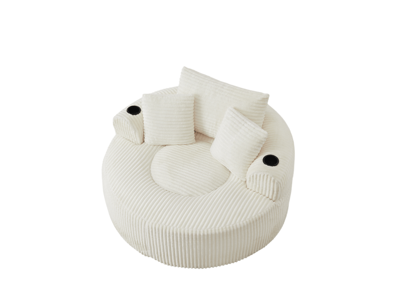  Fauteuil pouf rond 1 place avec 2 porte-gobelets, poches latérales et 3 coussins en velours côtelé beige  - Conforama A