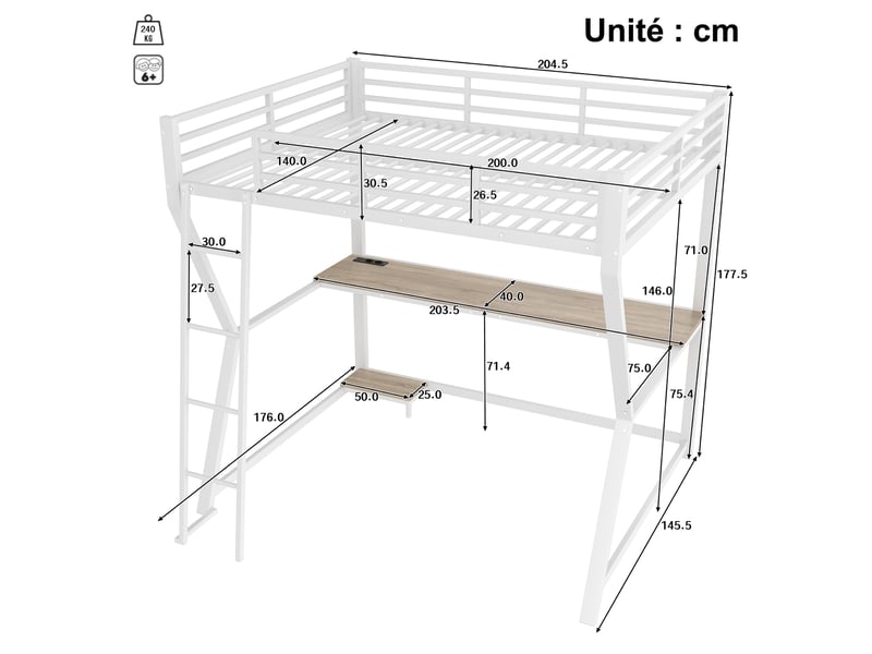  Lit mezzanine 140 x 200 cm - lit double déco avec bureau et led, prises usb intégrées et escalier sécurisé - métal et mdf - sans matelas - blanc  - Conforama C
