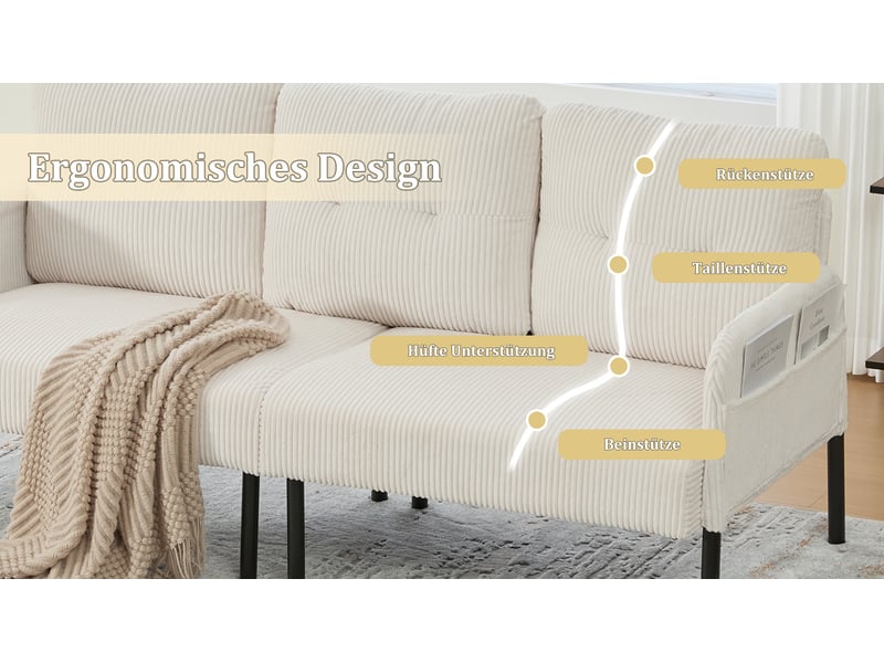  Canapé 3 places en velours côtelé beige avec dossier haut, accoudoirs et poches latérales pratiques  - Conforama W