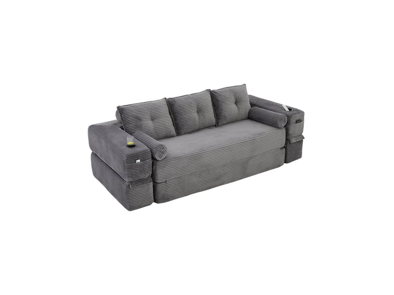  Canapé convertible 3 places modulaire avec poches latérales, porte-gobelet et coussins, en velours côtelé gris foncé  - Conforama A