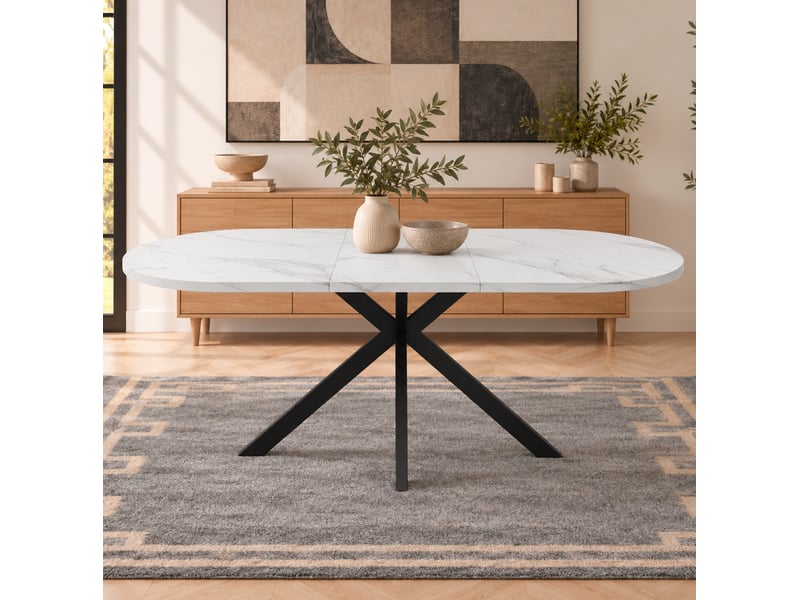 Table à manger extensible 120-160x80x75,5 cm plateau ovale blanc et pieds métal noir - Conforama D