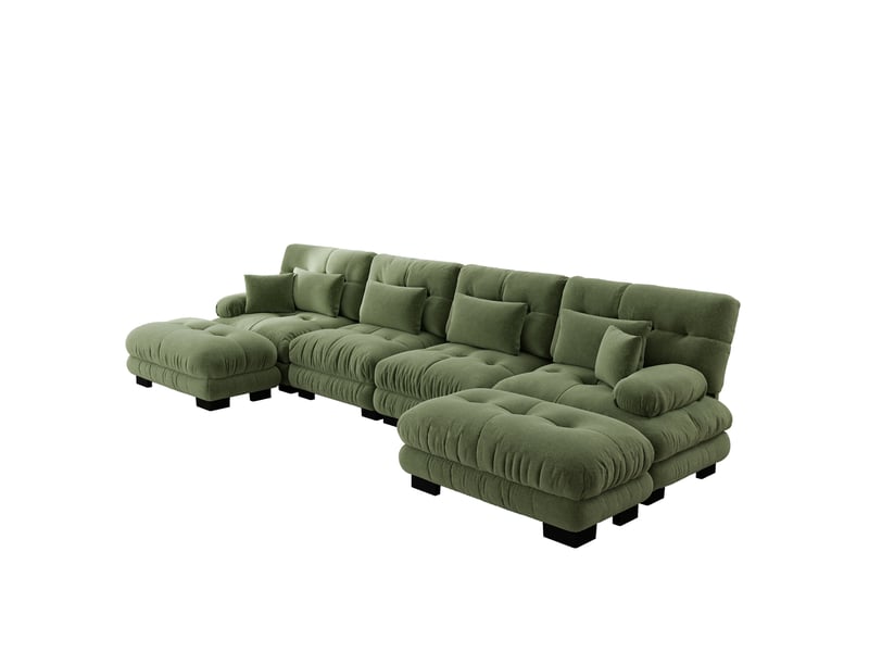  Canapé modulable en u 4 places avec 2 poufs mobiles, chenille vert, assise profonde  - Conforama A