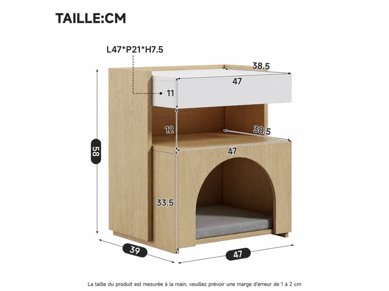  Table de chevet multifonction avec niche pour félin et led – blanc et naturel – 47 x 39 x 58 cm  - Conforama D