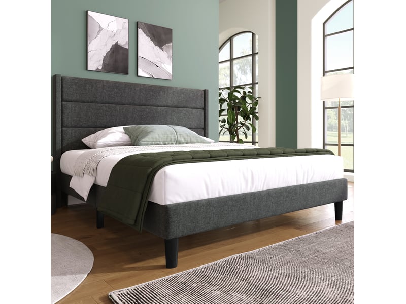  Modenvie lit double rembourré 140x200 cm - tête de lit capitonnée, matelas inclus - gris  - Conforama B