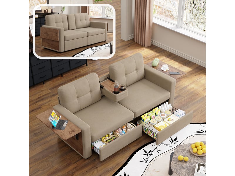 Canapé droit 2 places avec deux tiroirs, plateau rabattable et porte-gobelets en tissu chenille kaki - Conforama B