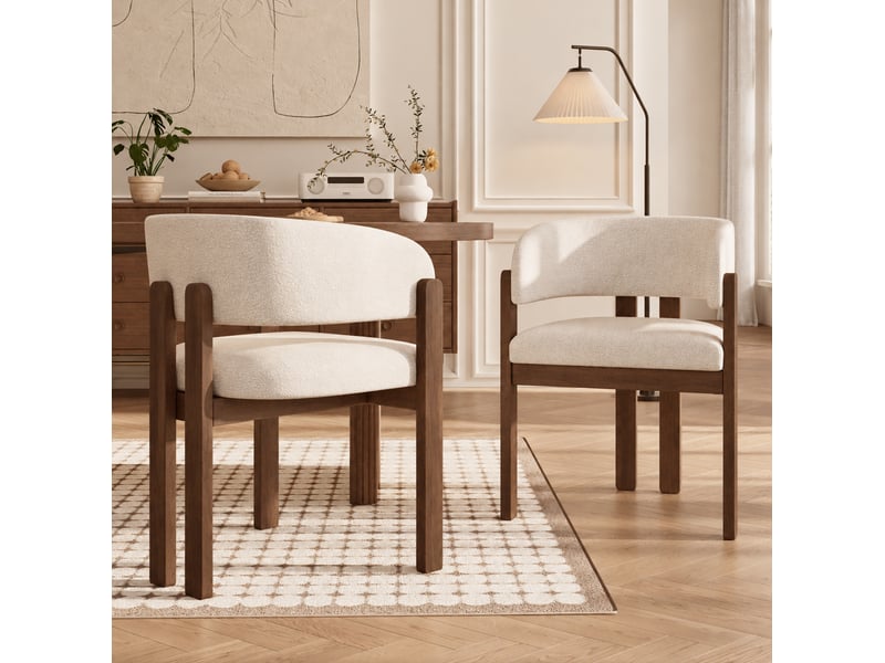 Chaise de salle à manger lot de 6 avec accoudoirs et dossier incurvé en bois et tissu bouclé beige et couleur noyer - Conforama E