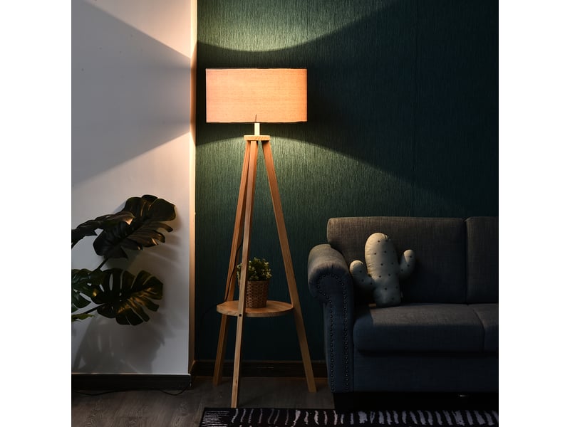  Lampadaire trépied avec structure en bois naturel, abat-jour en tissu beige et compartiment de rangement intégré, 50 x 50 x 154 cm  - Conforama D