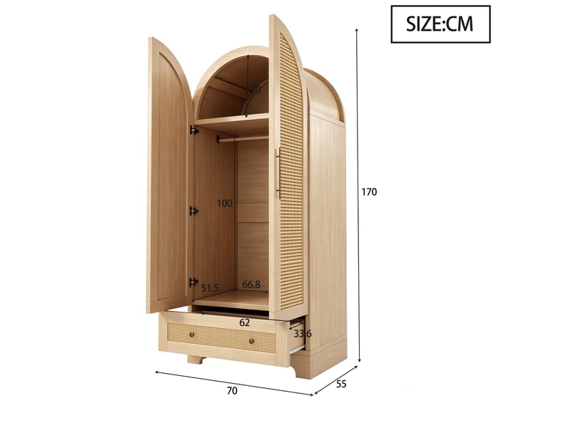 Armoire avec 2 portes et 2 tiroirs, grand espace de rangement, effet rotin, pour chambre, bois, 70 × 55 × 170 cm - Conforama E