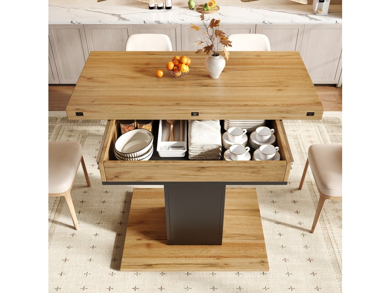 Table à manger extensible avec rangement, 120x120 cm dépliée, mdf, coloris naturel - Conforama C