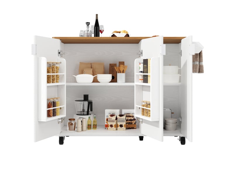 Îlot de cuisine mobile avec plateau pliant, desserte sur roulettes avec 3 portes et étagères réglables, meuble de rangement blanc 130cm - Conforama R
