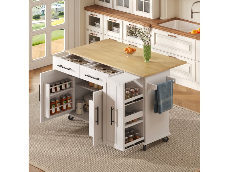  Îlot de cuisine mobile 120 cm avec plateau rabattable, 2 tiroirs, blanc naturel  - Conforama E
