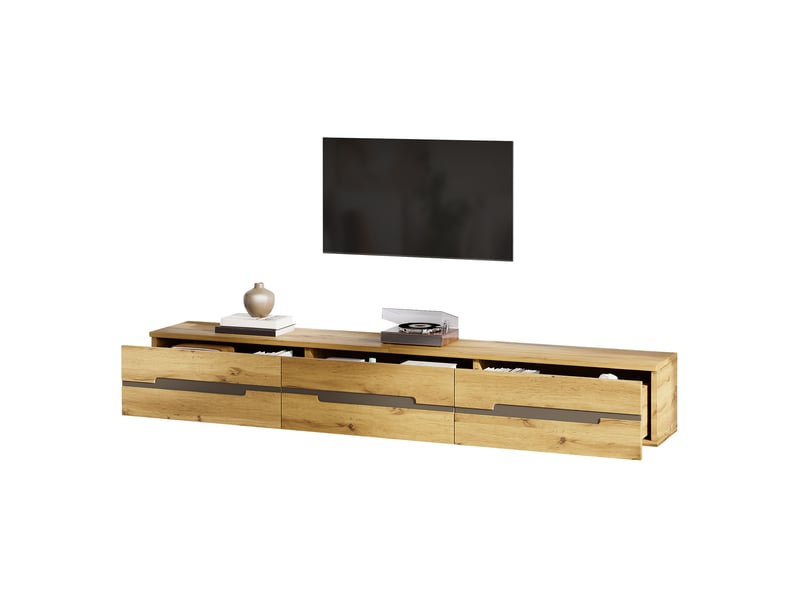  Meuble tv mural 160x30x25,5 cm avec 3 tiroirs, finition bois naturel  - Conforama A