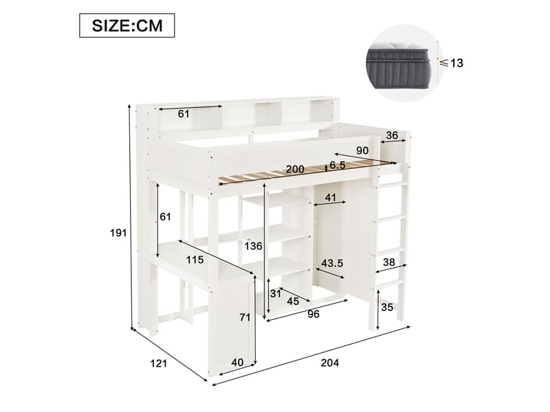  Lit mezzanine enfant 90 × 200 cm 1 place avec bureau, armoire et étagères, sans matelas, en bois, blanc  - Conforama D