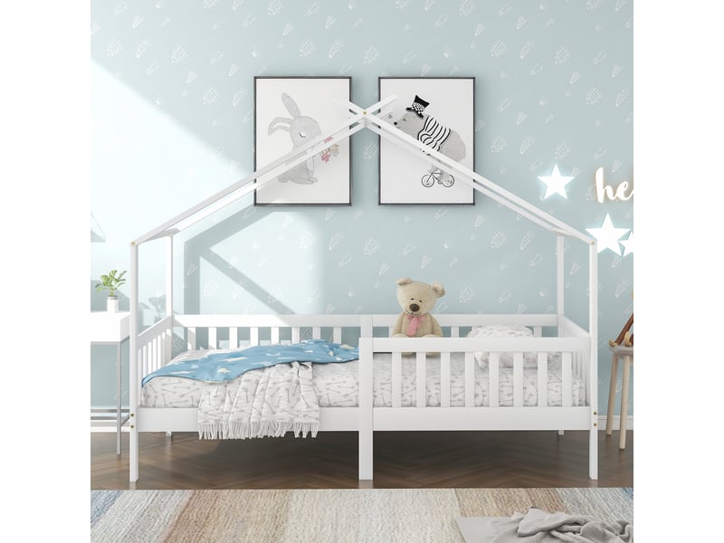  Lit cabane enfant 90 x 200 cm en bois massif avec barrière et sommier a lattes, lit 1 personne avec protection anti-chute, blanc  - Conforama C