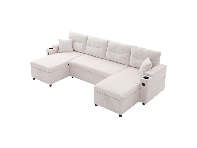  Canapé panoramique convertible 4 places 272 x 136 x 86 cm avec ports usb et porte-gobelets, velours côtelé, beige Morn Vibe - Conforama A