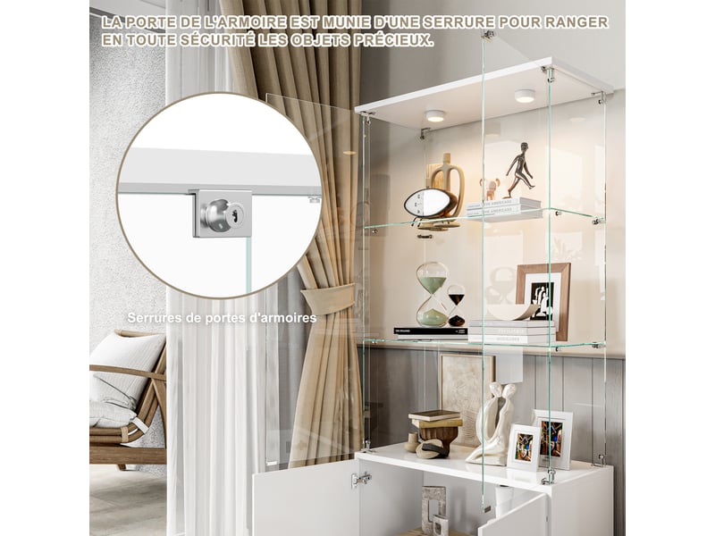  Vitrine led avec 4 portes et 3 étages, vitrine figurine avec cadre blanc, vitrine en verre pour chambre, salon, salle à manger, 78.5x35x164cm  - Conforama R