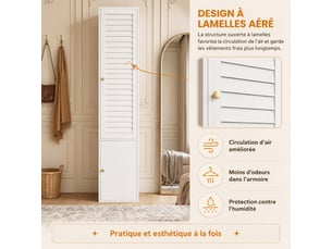 Armoire penderie 45x50x200 cm blanche, 1 porte à lattes, 1 tringle et 3 compartiments, format étroit