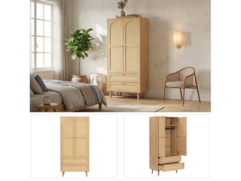  Armoire modenvie effet rotin 80 x 50 x 180 cm avec penderie, étagères et 2 tiroirs en mdf naturel  - Conforama E