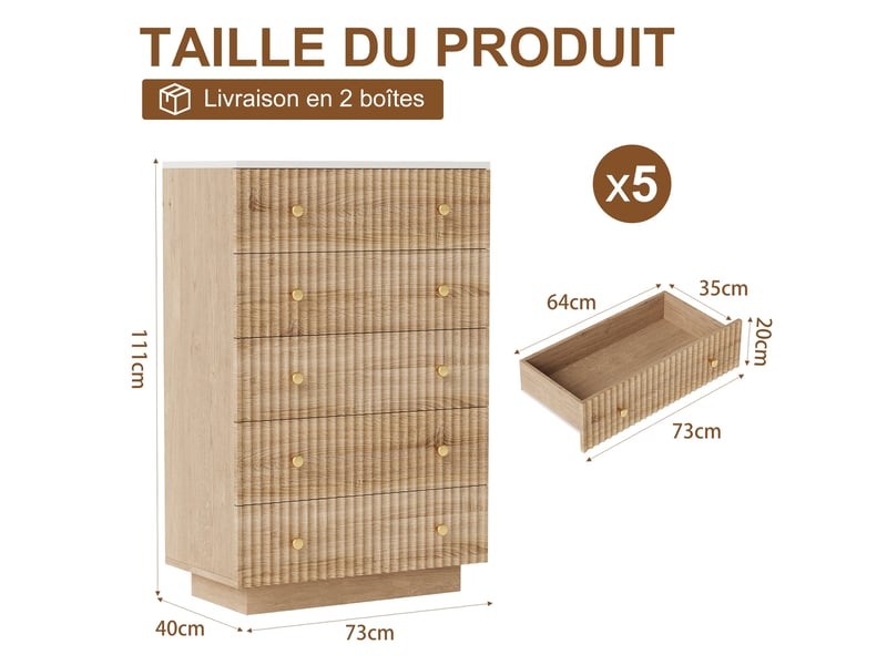  Commode 5 tiroirs - 73x40x111cm - meuble de rangement en bois avec façades ondulées, poignées laiton &amp; led rgb - chêne  - Conforama E