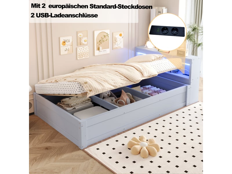  Canapé-lit 90x200 cm, lit enfant, couchage d'appoint, rangement hydraulique, led, prise intégrée, bois gris  - Conforama R