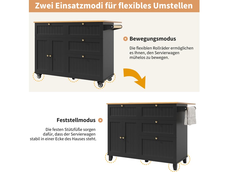  Desserte de cuisine 133 x 70 x 88 cm noire en mdf, à roulettes, plateau rabattable et rangement multiusage  - Conforama E