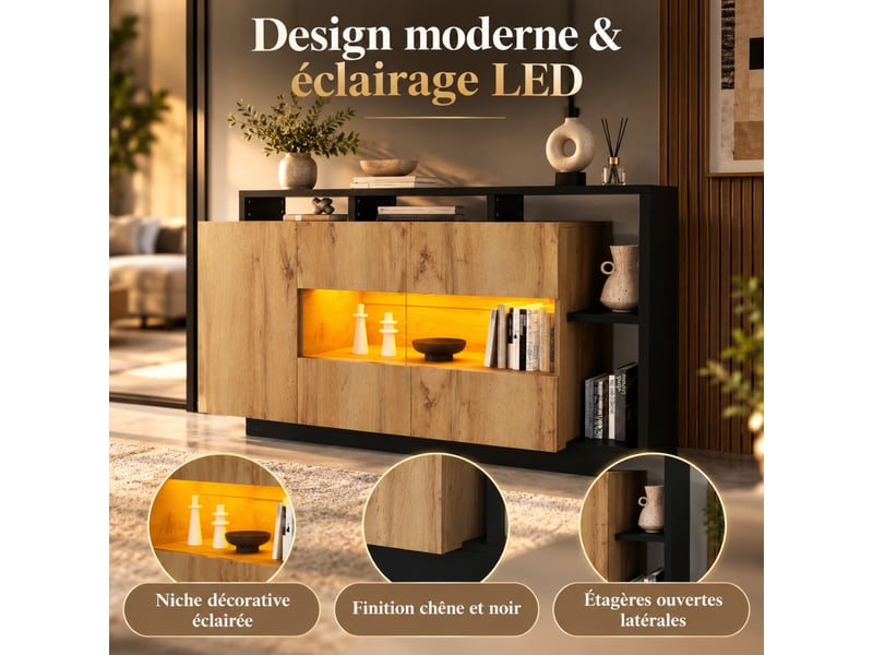  Buffet 140 x 44 x 94 cm, pour salle à manger ou salon, éclairage led avec commande bluetooth  - Conforama D