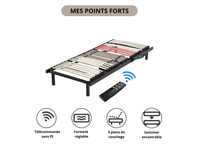  Sommier électrique 80x200 cm -lattes avec fermeté réglable - encastrable - collection relaxation PREMIUM - Conforama C
