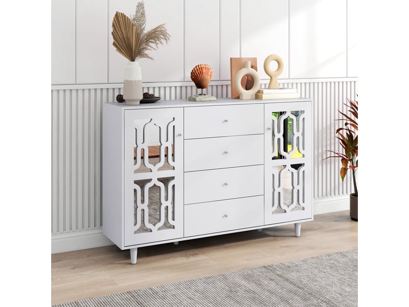  Buffet haut blanc à miroirs et 4 tiroirs – mdf – 147,5 x 40 x 102 cm  - Conforama C