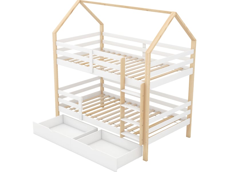  Lit double en pin, facile d'accès, en forme de maisonnette, avec de grands tiroirs. Dimensions : 90 x 200 cm. Vendu sans matelas. Coloris blanc et bois. Dimensions : 90 x 200 cm. Matelas non inclus.  - Conforama E