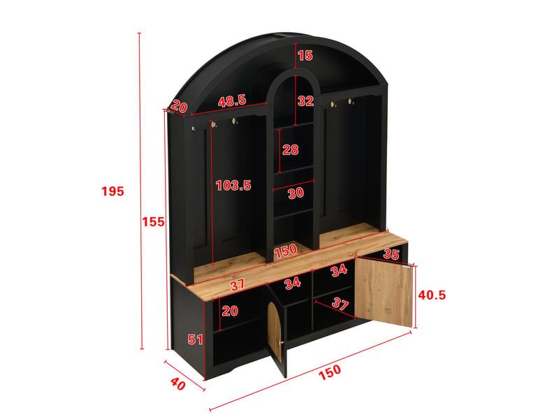Vestiaire d'entrée, meuble de rangement avec porte-manteau et étagère à chaussures, mdf style scandinave 150x40x195 cm avec ruban led, noir et bois - Conforama E