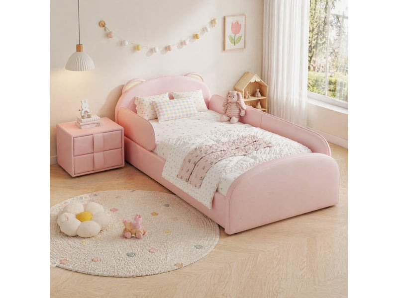 Lit simple 90x200 cm rose en pu avec tête de lit ourson et table de chevet - Conforama B
