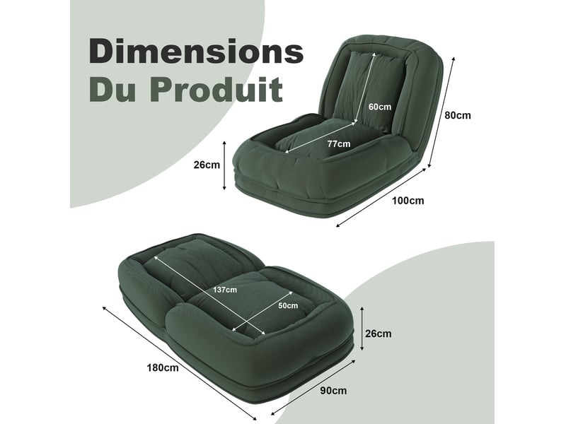  Canapé-lit pliable, 5 positions réglables, gain de place, à usage multifonctionnel, structure en métal, couleur vert  - Conforama C