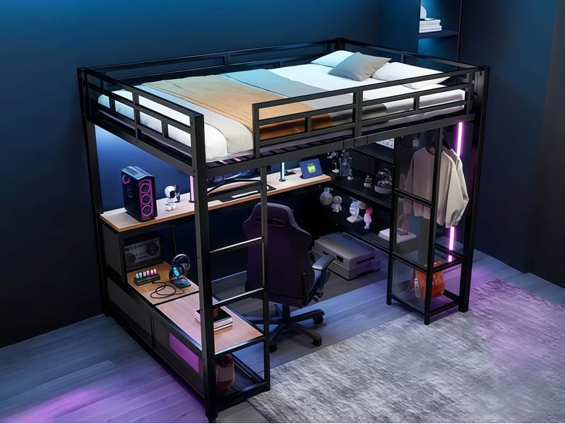 Lit mezzanine avec éclairage led, 140×200cm, avec armoire et étagères ouvertes, lit structure en métal, noir - Conforama B